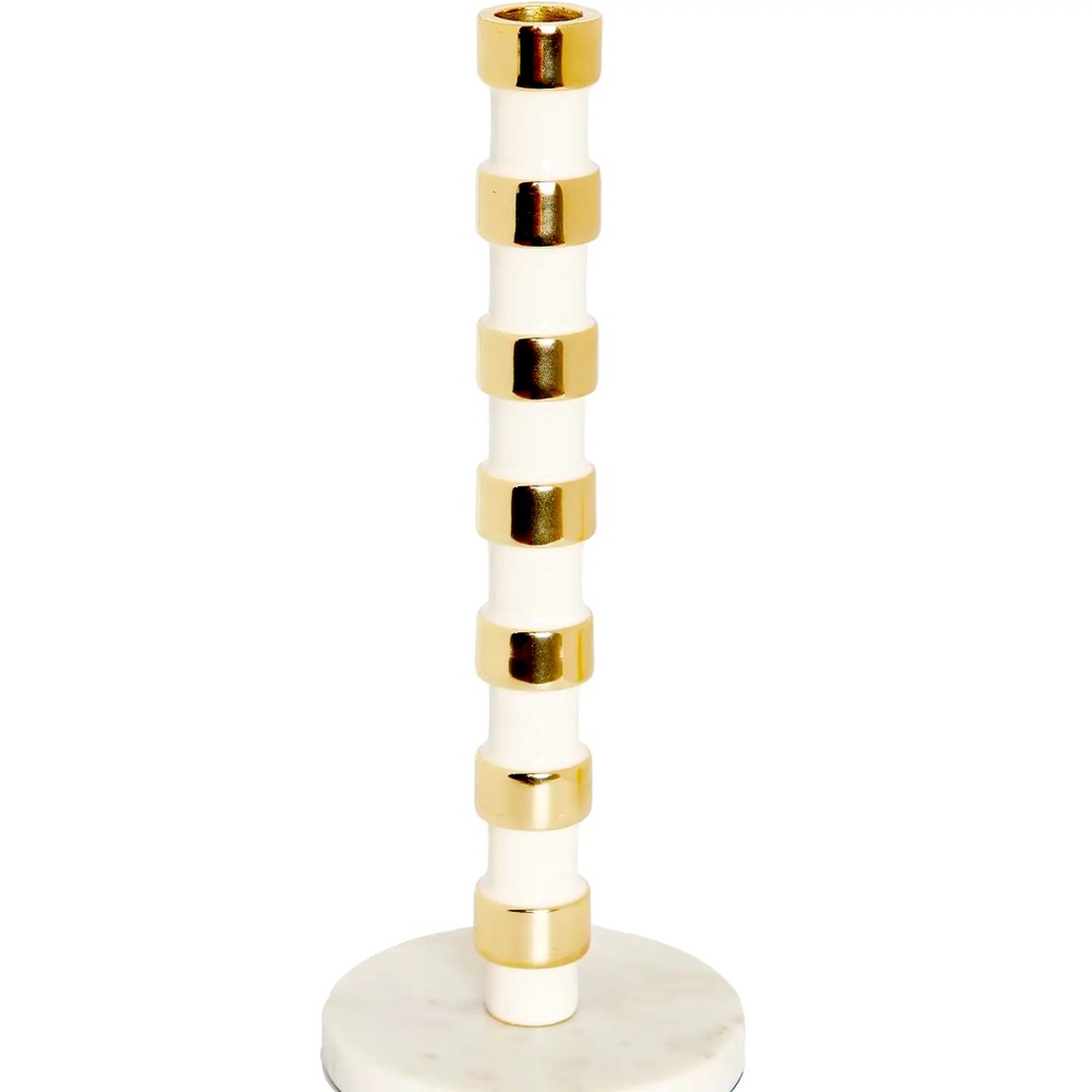 White and Gold Taper Candle Holder On Marble Base, 12”